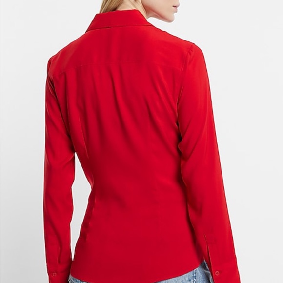 Express Slim Portofino Lipstick Red Long Sleeves Button Top XS X-Small - Picture 2 of 3